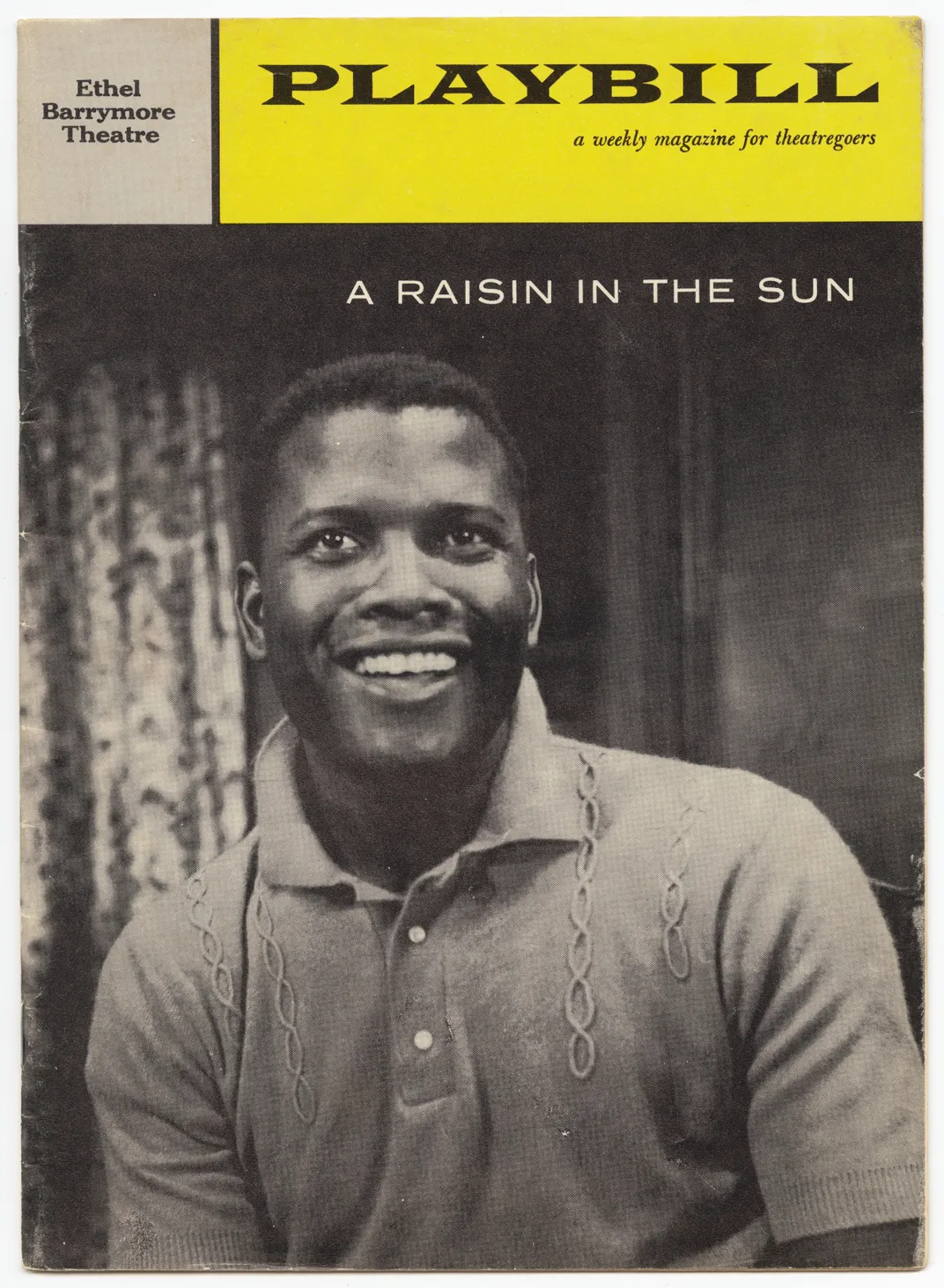 Poster featuring a black and white photo of a young Poitier, in a polo shirt smiling and looking up