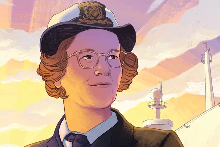 an illustration depicting a woman naval with the setting sun and naval ship on the water behind her