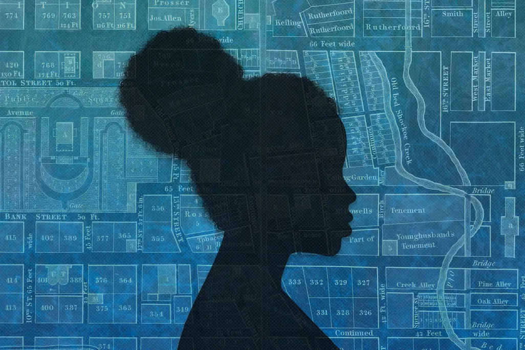 Silhouette of a Black woman overlaid on map of 1860s Richmond