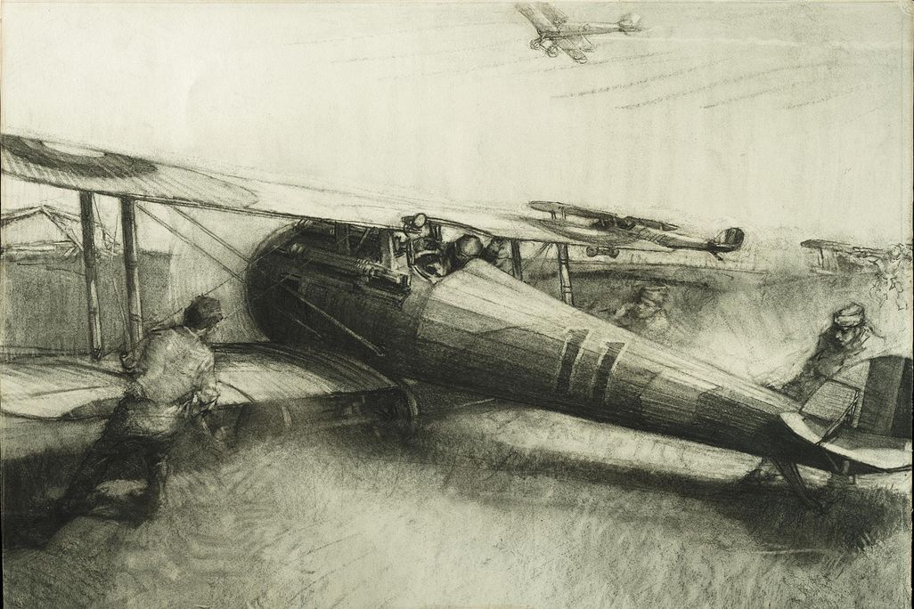 Harry Townsend sketched crews pushing aircraft into position after an alert.