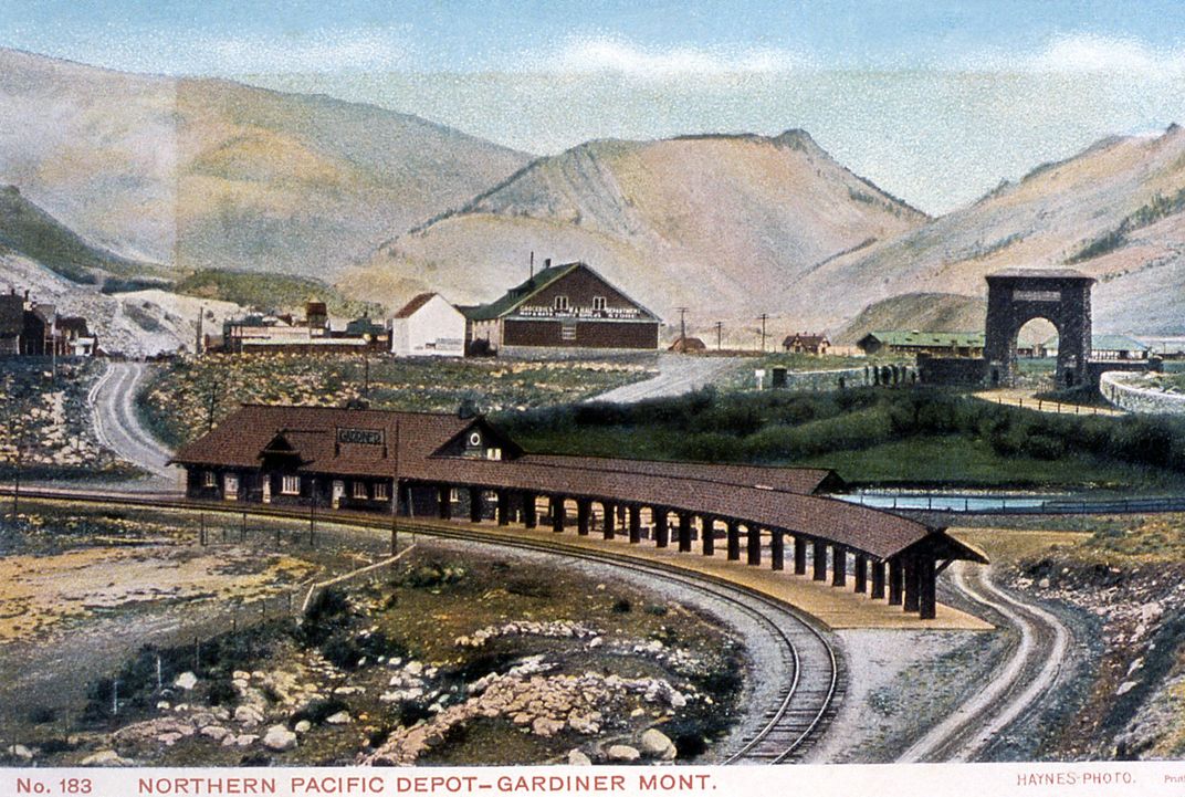 A postcard depicting the Northern Pacific Railroad Depot in Gardiner, Montana
