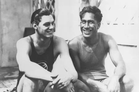 Johnny Weissmuller (left) and Duke Kahanamoku (right) at the 1924 Paris Olympics