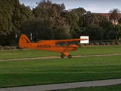 A simulated airplane lands on the real Stanford campus, thanks to a bit of AR magic.