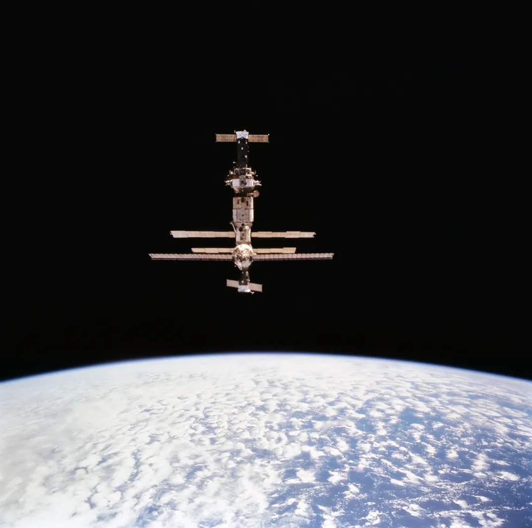 The Russian Mir Space Station, as seen in low-Earth orbit in 1995.