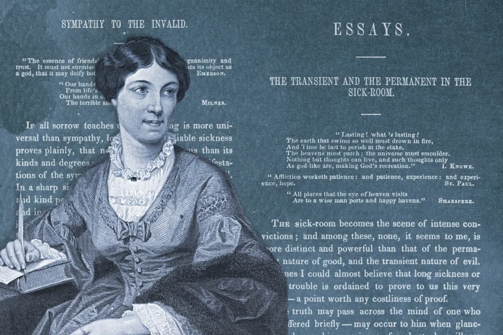 Illustration of Harriet Martineau in front of pages from "Life in the Sick-Room"