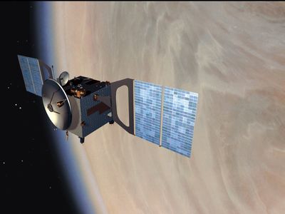 An artist's impress of the Venus Express orbiter around Venus.