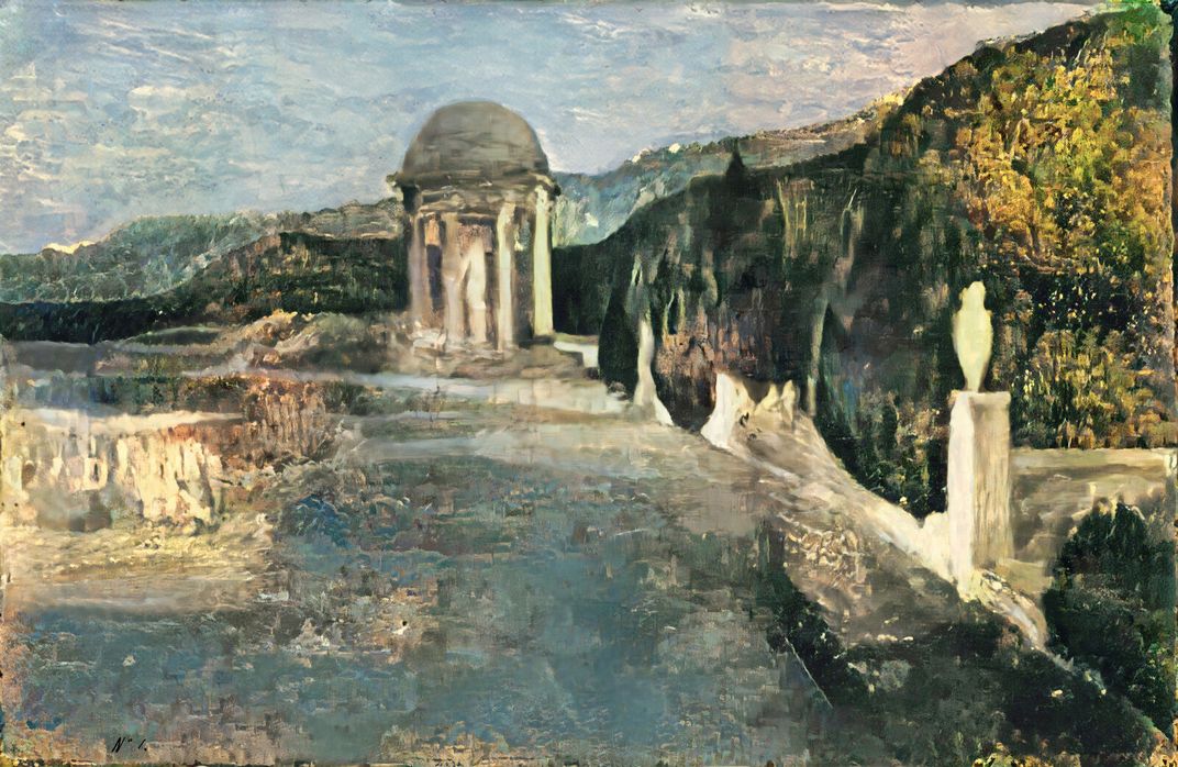 A nature scene with muted blues, greens and whites, of a small white cupola in front of rolling green hills and other marble elements