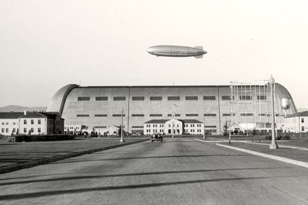 Hangar One at Moffett Field, with USS Macon overhead.