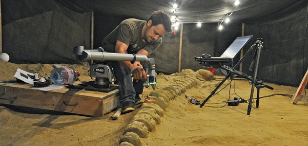 Vince Rossi wields a laser to document a whale fossil in Chile.