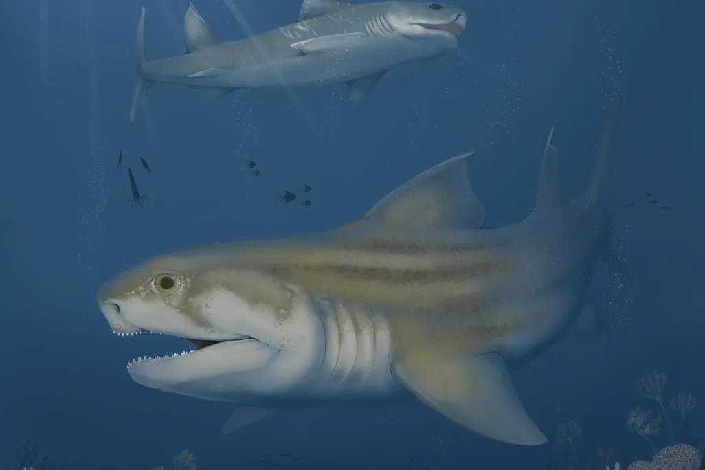 an illustration of three sharks; one in the foreground with a flat nose, one visible above and one just a silhouette near the surface of the water, swimming above a reef with a ray