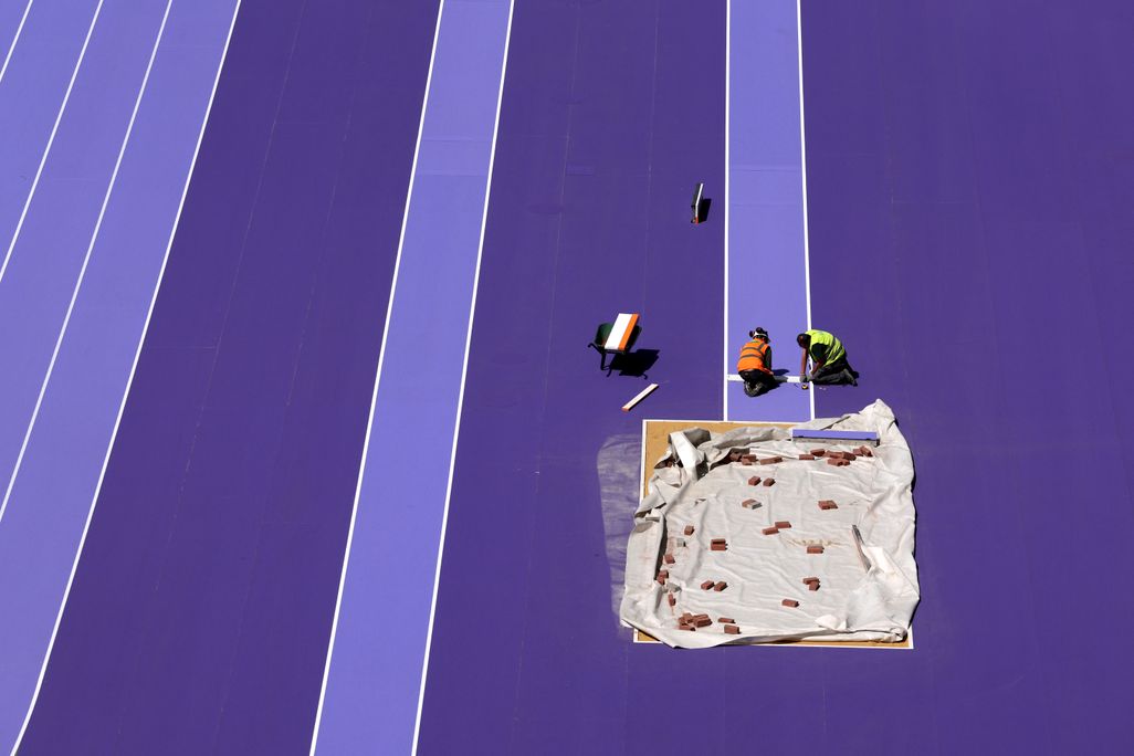 Overhead view of purple Olympics running track