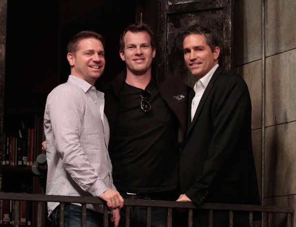 Greg Plageman, Jonathan Nolan and Jim Caviezel on the set of “Person of Interest.”
