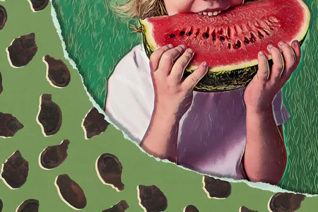 The 6,000-year-old watermelon seeds from Uan Muhuggiag (left) border a child eating a modern watermelon.