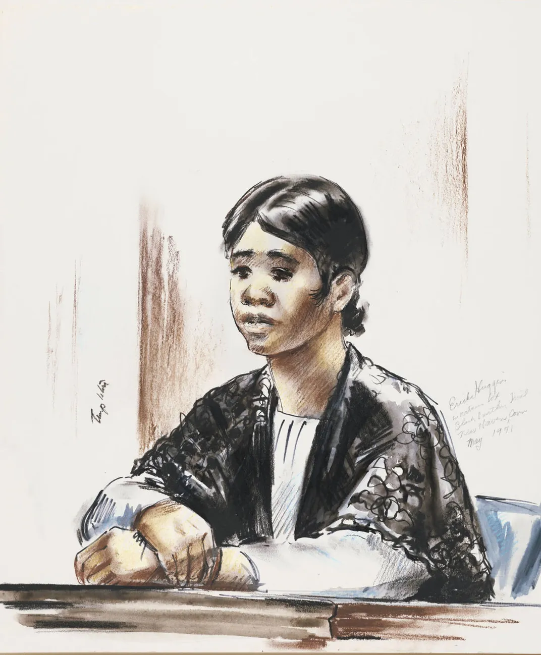 A sketch of Ericka Huggins on the witness stand in 1971