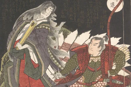 A woodblock illustration depicts a warrior challenging Tamamo-no-mae, a evil nine-tailed fox disguised as a woman who tries to kill the emperor. Legends say the "killing stone," which recently split in half, contained her vengeful spirit.&nbsp;&nbsp;