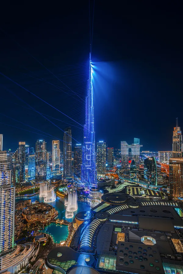 Burj Khalifa Illuminated in Blue Laser Beams thumbnail