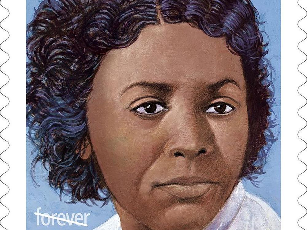 An illustration of a stamp featuring the face of Edmonia Lewis