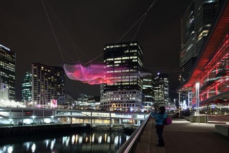 Measuring 745 feet across, Janet Echelman's Skies Painted with Unnumbered Sparks is her largest aerial sculpture to date. 