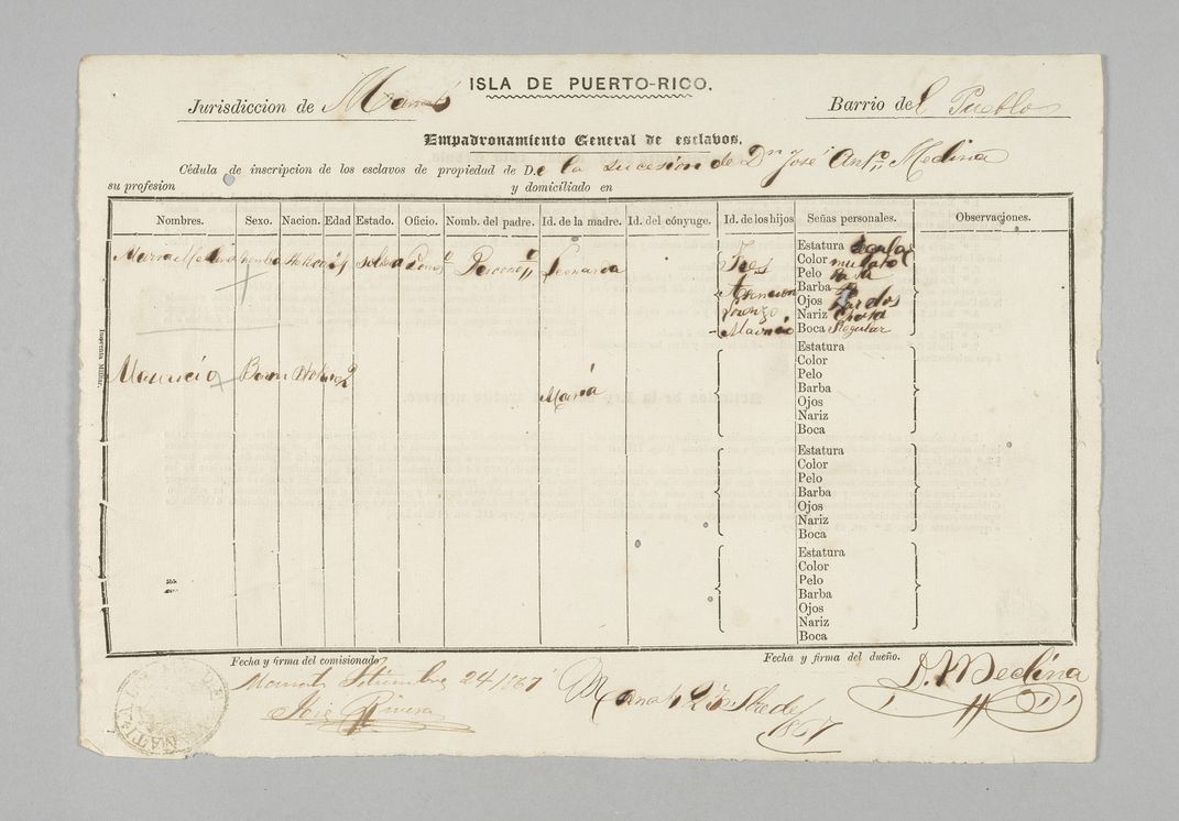 Puerto Rican Registration Form for Enslaved Persons