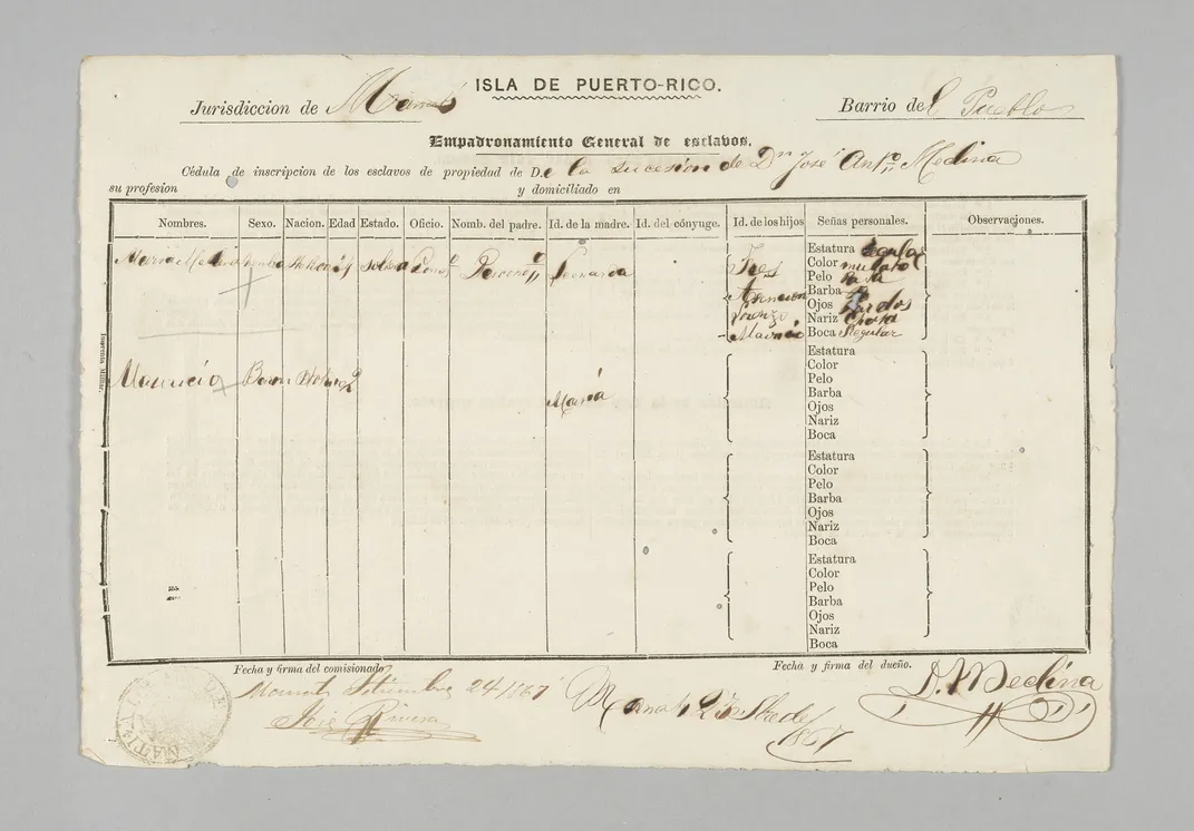 Puerto Rican Registration Form for Enslaved Persons