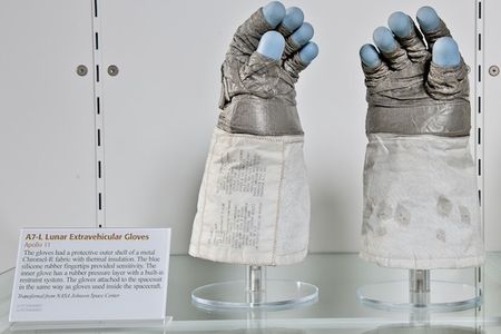 These silicone-tipped gloves protected Armstrong from cuts while working on the surface of the moon. Space Hangar at the Smithsonian NASM Steven F. Udvar-Hazy Center.