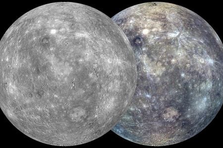Mercury as seen by MESSENGER, in black and white and color.