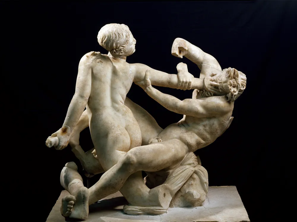 Statue of a satyr attacking an intersex person