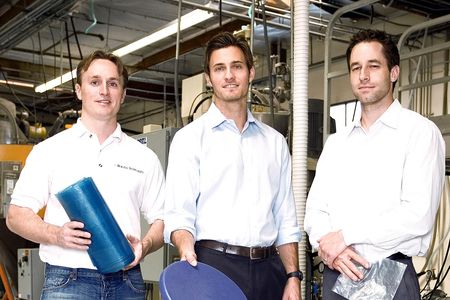 Evan Creelman, Newlight COO; Mark Herrema, Co-Founder and CEO; and Kenton Kimmel, Co-Founder and CTO, with a few products made of AirCarbon. 