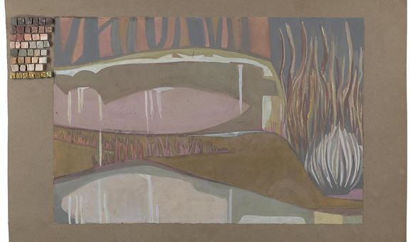 Cartoon for mosaic sketched on brown paper in various shades of brown, blue, terracotta, pink, and white, with stones in corresponding colors glued to the paper.