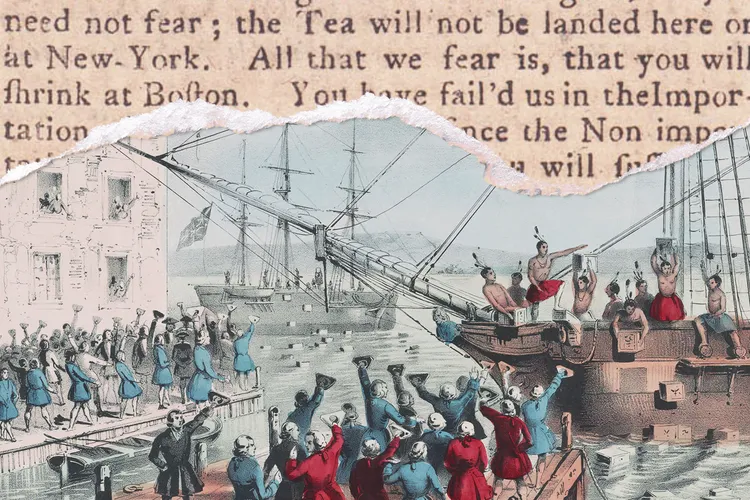 Illustration of the Boston Tea Party, with text from a Patriot overlaid on top