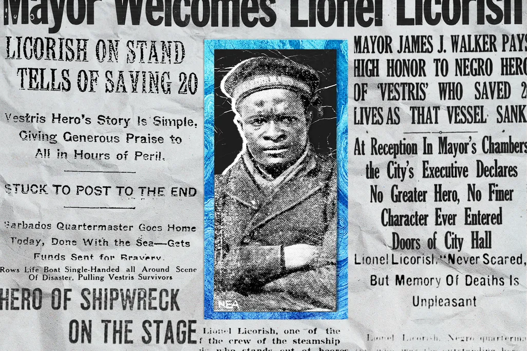 A photograph of Lionel Licorish, in front of a collage of newspaper headlines about his heroics