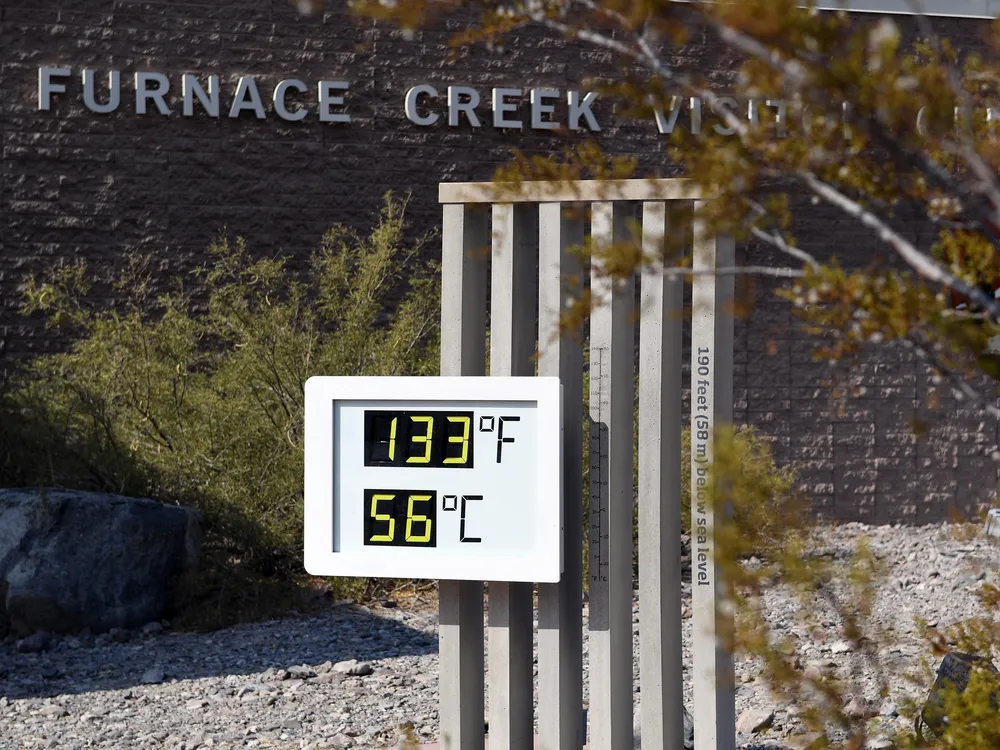 An unofficial thermometer reads 133 degrees Fahrenheit at Furnace Creek Visitor Center on July 11, 2021 in Death Valley National Park, California. 