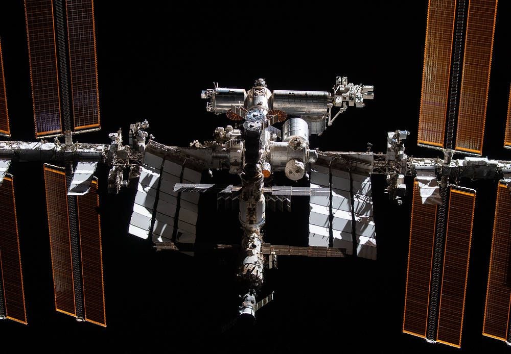 An image of the International Space Station taken from the SpaceX Crew Dragon Endeavour during a fly around.