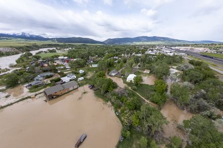 Aerial view of flooding in Livingston, Montana&mdash;a gateway town near Yellowstone National Park&mdash;on June 14, 2022