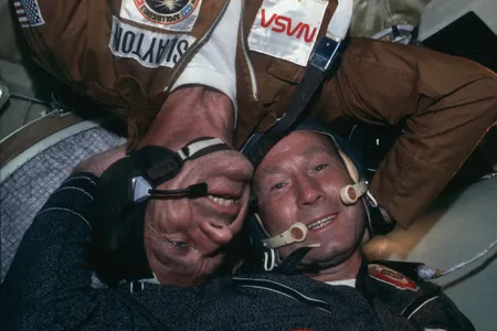 Deke Slayton (left) and Alexei Leonov made their first and second spaceflights, respectively, on Apollo-Soyuz. Slayton was one of NASA's original Mercury astronauts, but had been grounded for years due to a medical condition. Ten years earlier, Leonov had been the first human to walk in space. 