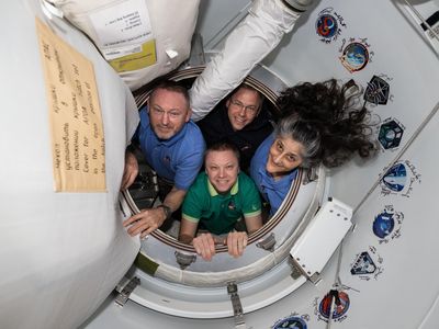 The Crew-9 members&mdash;Butch Wimore, Nick Hague, and Suni Williams of NASA and Roscosmos cosmonaut Aleksandr Gorbunov&mdash;stand inside the vestibule between the ISS and their spacecraft on February 19.