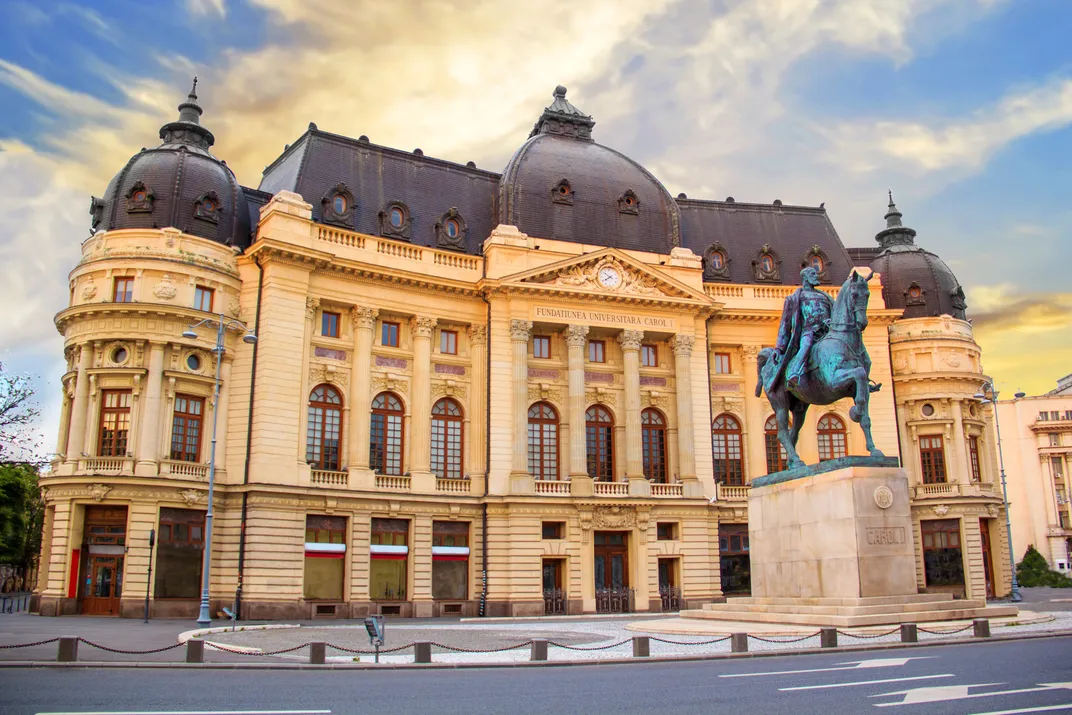 Central University Library and statue of King Karol I, Bucharest, Romania
