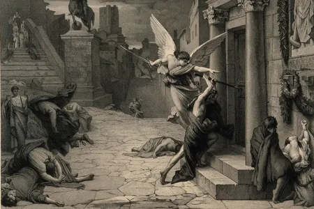 An engraving by Levasseur after Jules-Elie Delaunay depicts the angel of death at the door during the 165 A.D. plague in Rome.