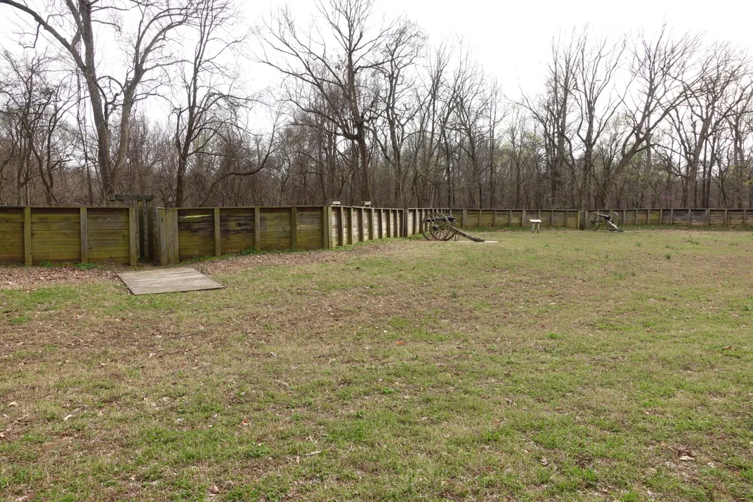 Wooden walls and a cannon at the Fort Pillow State Historic Park