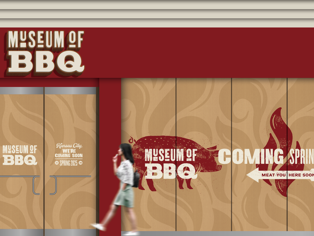Woman walks in front of building with signs that say 'Museum of BBQ'