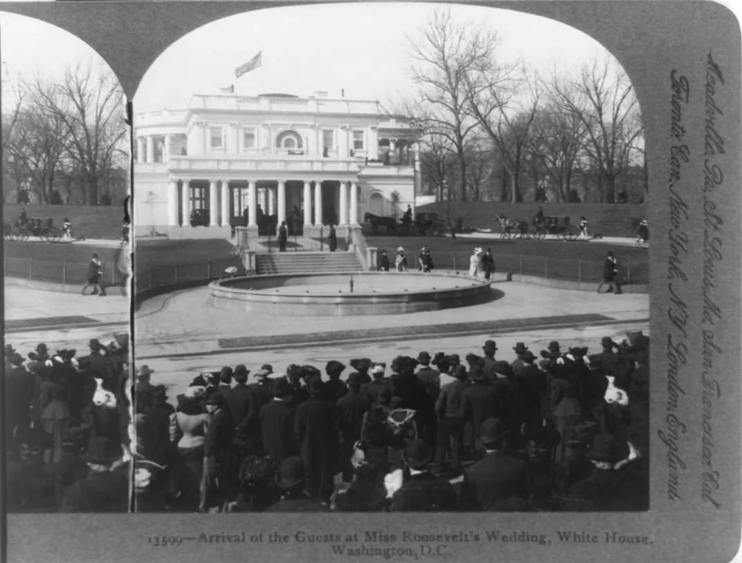 Guests arrive at Alice Roosevelt's White House wedding on February 17, 1906.