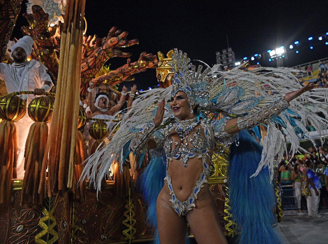 Portela samba school performer during the second night of Rio's Carnival parade.
