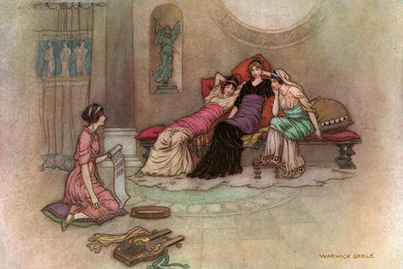 Criseyde and Her Maidens Listening to a Reading, by Warwick Goble, from The Complete Poetical Works of Geoffrey Chaucer, 1912.