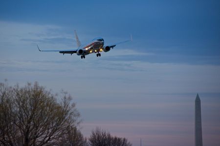 An American Airlines 737 landing at DCA, which is just across the river from the inauguration. 