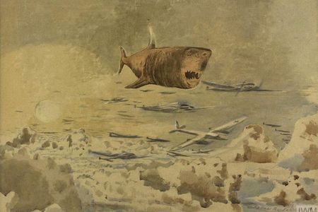 Author Peter Taylor notes that “Follow the Führer Above the Clouds” was just one of the propaganda images offered to the Ministry of Information by war artist Paul Nash. “The Ministry thought they were unlikely to be understood by the public and turned them down,” he writes. “Or perhaps they were trying to avoid starting a panic about flying Nazi sharks.”