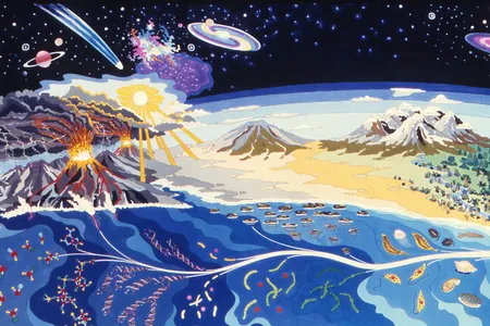 A mural titled "The Origin of Life on Earth" at NASA Ames Research Center. The mural depicts the formation of our planet and the conditions that led to the evolution of life. 