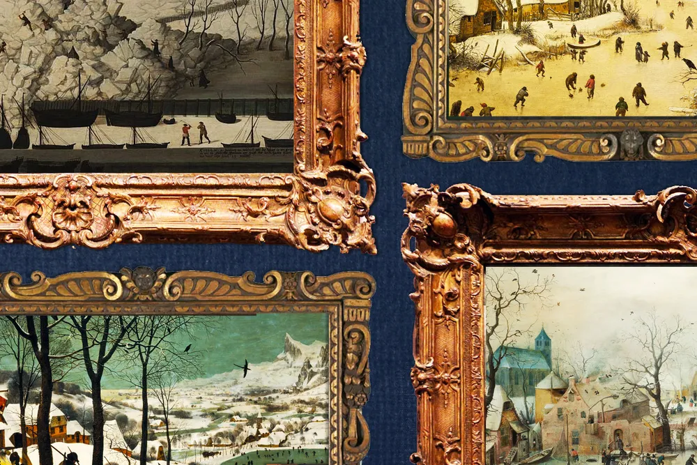 Illustration of four paintings depicting Dutch winters