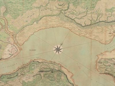 This detail of a map, one of many in the collection of cartographic enthusiast George III, shows the Saint Lawrence River and Quebec during the French and Indian War in 1759, the year before George became King of England (and its American colonies).