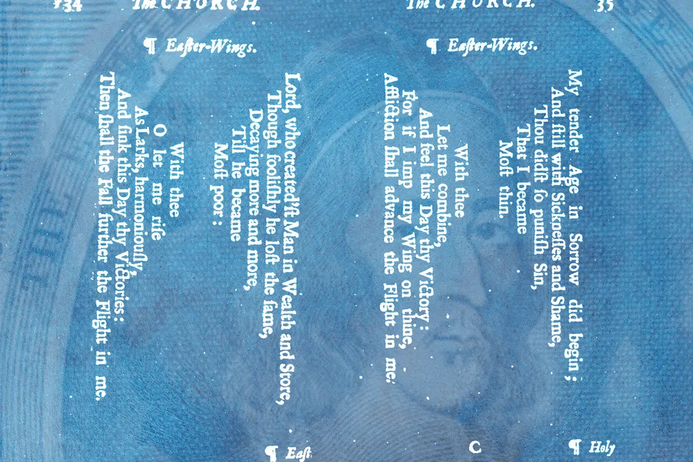 An illustration of George Herbert's poem "Easter Wings" overlaid on a portrait of his face
