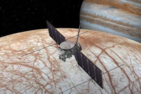 An artist&#39;s rendition of the Europa Clipper mission, set to launch to Europa in October. The mission could provide new insights about the life-supporting potential of the moon, which hosts a massive saltwater ocean beneath its icy surface.